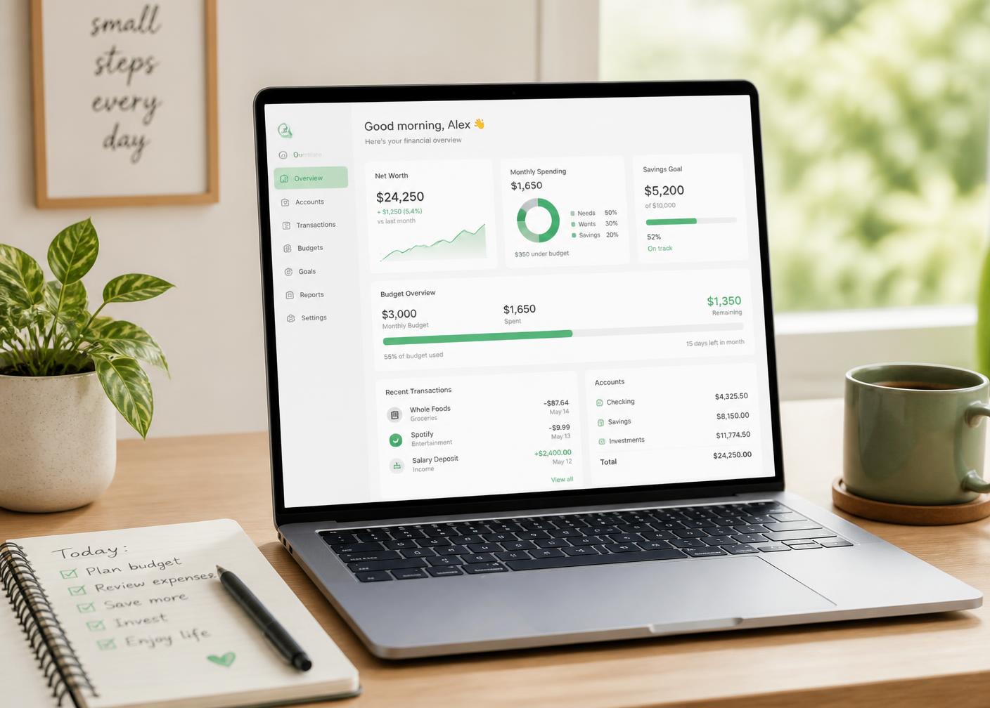 Finanzübersicht mit Vermögen, Budget und Sparziel auf einem Laptop